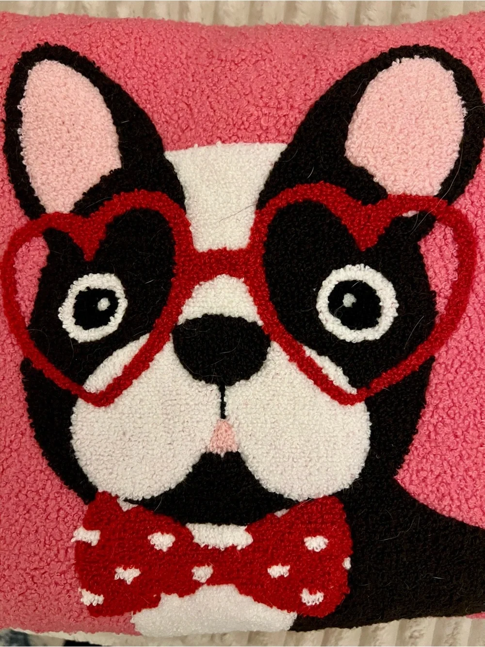 Sale!! Plush Dog Face Throw Pillow in Pink with Red Accents—Boston Terrier—NWOT!